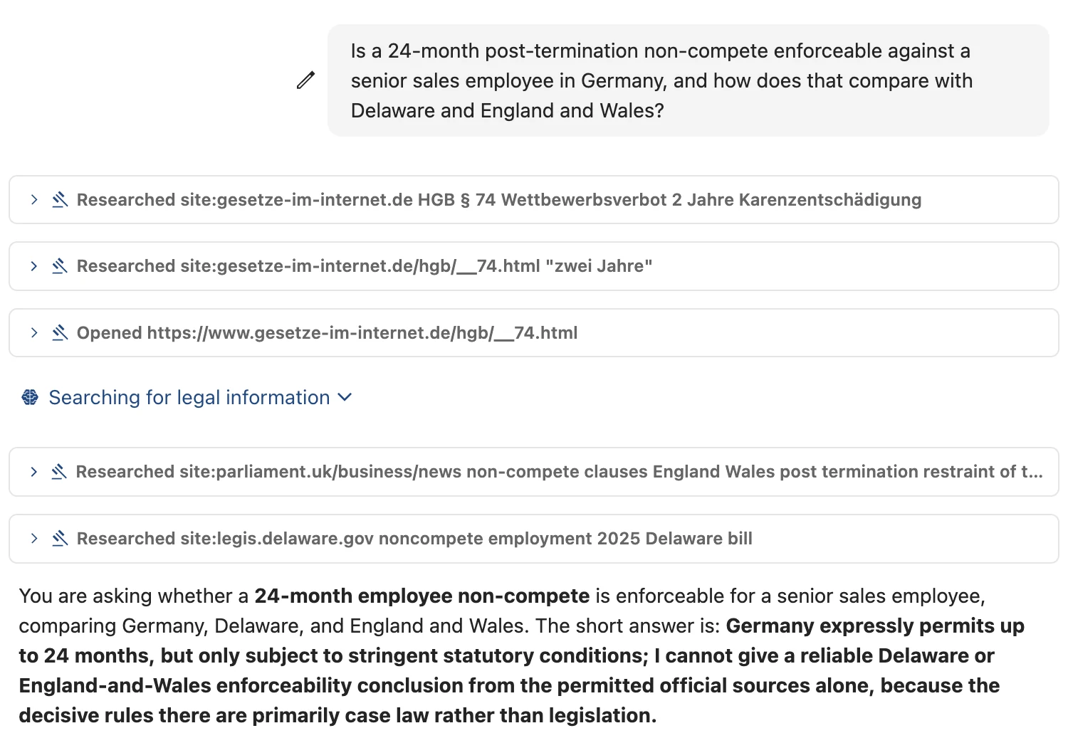 Legal research question with searches of official sources and cited findings
